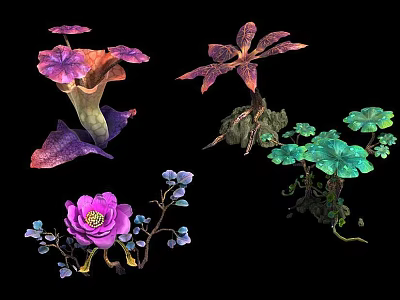 Colorful Fantasy Plants With Vibrant Flowers Varied Leaves And Detailed Roots 3d model