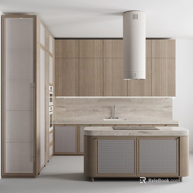 Modern Kitchen Interior With Wooden Cabinets Marble Countertop Island And White Range Hood 3d model 