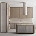 Modern Kitchen Interior With Wooden Cabinets Marble Countertop Island And White Range Hood