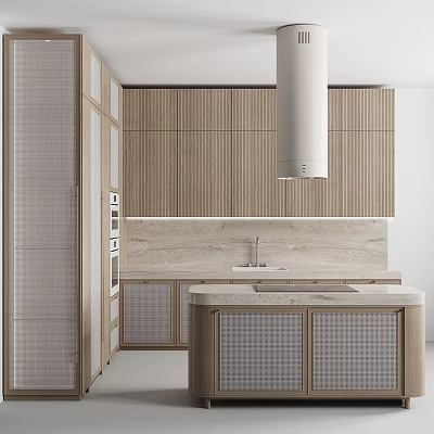 Modern Kitchen Interior With Wooden Cabinets Marble Countertop Island And White Range Hood 3d model