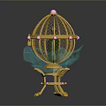 Ornate Birdcage With Golden Frame Green Base And Pink Decorative Accents