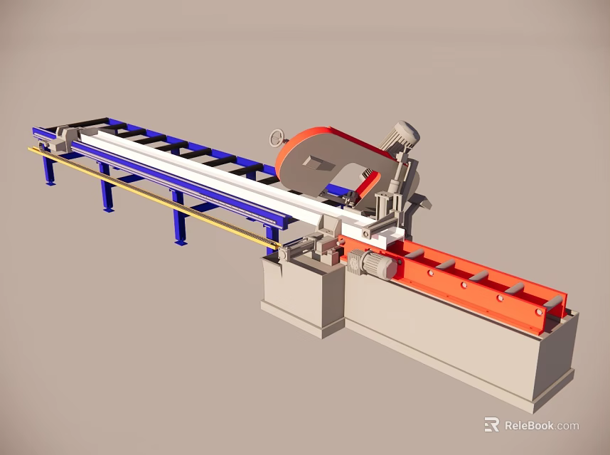 Industrial Cutting Machine With Blue Frame Red Blade And Metal Worktable 3d model 