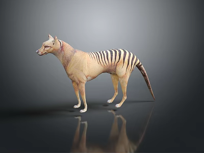 3D Rendered Thylacine Model With Striped Tail Standing On Gray Background With Reflection 3d model