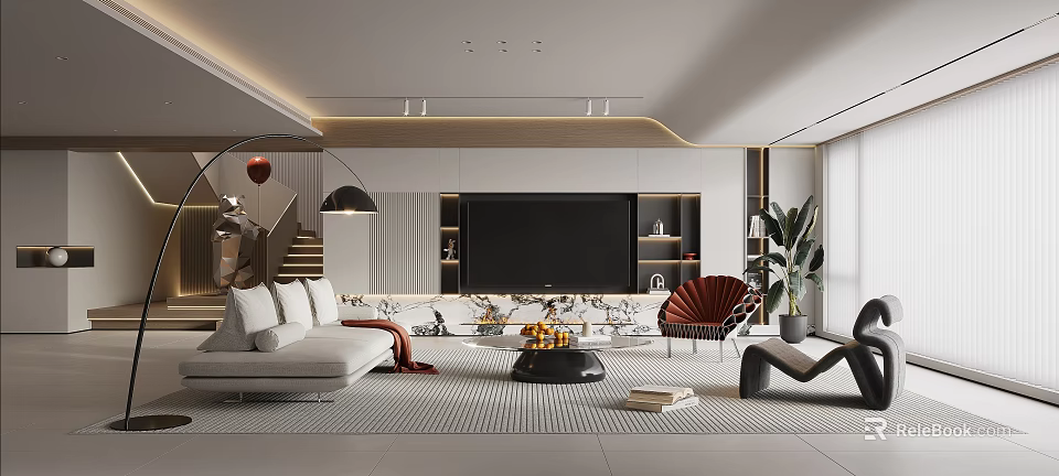 Modern Living Room Interior With Gray Sofa Red Accent Chair Large TV And Coffee Table 3d model 