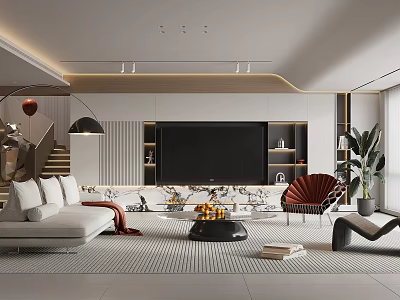Modern Living Room Interior With Gray Sofa Red Accent Chair Large TV And Coffee Table 3d model