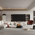 Modern Living Room Interior With Gray Sofa Red Accent Chair Large TV And Coffee Table