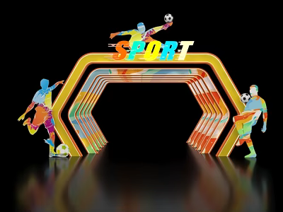 Colorful Sport Event Entrance With Dynamic Football Player Silhouettes And Vibrant Hexagonal Frame Design 3d model