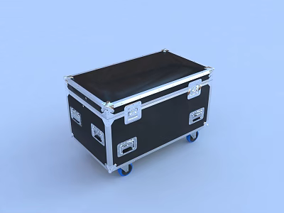 Sturdy Black Equipment Case With Silver Frame Metal Latches And Blue Wheels 3d model