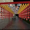 Enchanting Garden Landscape With Red Framed Passage Yellow Lanterns Decorative Lights And Night Reflections