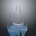 Set Of Three Transparent Conical Glass Containers With Blue Liquid On Dark Background