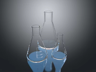 Set Of Three Transparent Conical Glass Containers With Blue Liquid On Dark Background 3d model