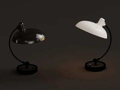 Stylish Black And White Table Lamps With Curved Arm And Round Shade Design 3d model