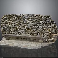 Decorative Rustic Stacked Stone Wall With Wooden Bench And Stone Slab Base 3d model