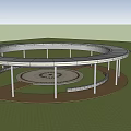 Modern White Pergola With Round Canopy Columns And People In Grassland Field At Sunset