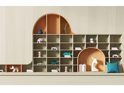 Modern Curved Wooden Bookcase With Multiple Shelves Books Decorative Figurines And Toy Cars 3d model