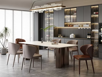 Modern Light Luxury Restaurant Marble Dining Table and Chair Combination Bar Dining Table Rock Board Dining Table Leather Dining Chair Cabinet Wine Cabinet 3d model