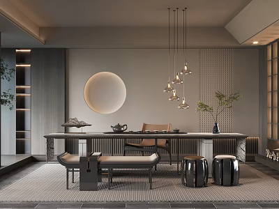 Modern Tea Room Interior With Round Decor Pendant Lights Long Table Stools And Plants 3d model