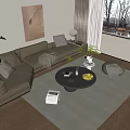 Modern Beige L Shaped Sofa with Gray Round Coffee Table and Decorative Elements 3d model