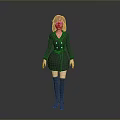 Pink Haired Woman In Black Double Breasted Coat Short Skirt And Knee High Boots