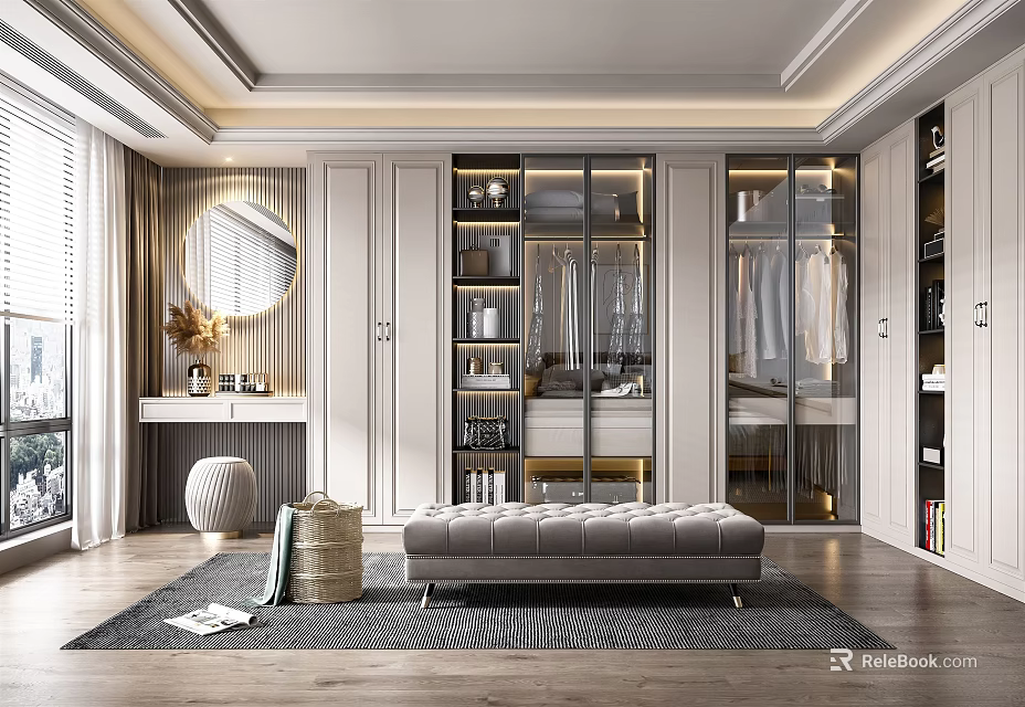 Elegant Modern Walk-in Closet Interior Design With Glass Doors Cabinets And Bench Mirror 3d model 