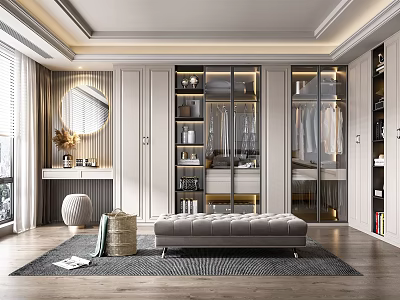 Elegant Modern Walk-in Closet Interior Design With Glass Doors Cabinets And Bench Mirror 3d model