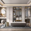 Elegant Modern Walk-in Closet Interior Design With Glass Doors Cabinets And Bench Mirror