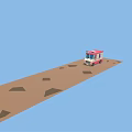 Pink And White Commercial Food Truck With Yellow White Striped Awning And Roof Horn