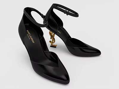 Stylish Black Patent Leather Pointed Toe High Heels With Ankle Strap And Gold Logo 3d model