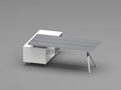 Modern Office Desk With Metal Frame Textured Desktop And White Storage Cabinet 3d model
