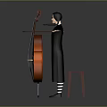 Child in black dress with striped socks spreading arms near red stool and orange cello