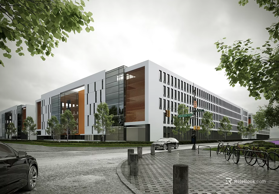 Modern Office Building With Glass Curtain Walls White Brown Exterior Green Trees And Bicycle Parking 3d model 