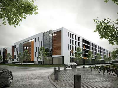 Modern Office Building With Glass Curtain Walls White Brown Exterior Green Trees And Bicycle Parking 3d model