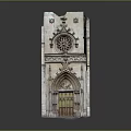 Ancient Gothic Architectural Component With Pointed Arch Rose Window And Carved Wooden Door