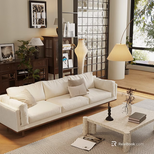 White Sofa with Cushions Coffee Table Set in Living Room with Floor Lamp and Plants 3d model 