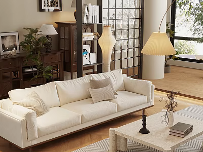 White Sofa with Cushions Coffee Table Set in Living Room with Floor Lamp and Plants 3d model
