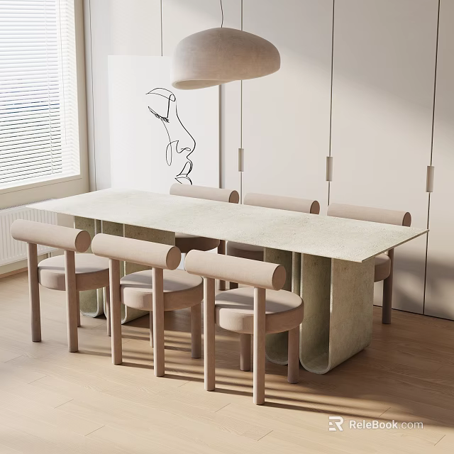 Rectangular Light Colored Dining Table Set With Padded Chairs In Bright Room And Wall Art 3d model 