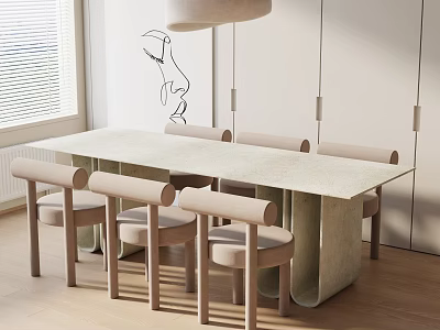 Rectangular Light Colored Dining Table Set With Padded Chairs In Bright Room And Wall Art 3d model
