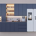 Modern Dark Blue Wine Cabinet With Open Shelves Wine Bottles And White Refrigerator