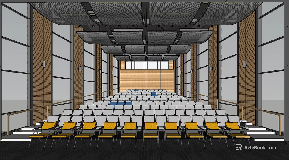 Spacious Conference Room With White Yellow Chairs Brick Walls And Large Windows 3d model 