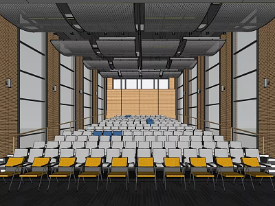 Spacious Conference Room With White Yellow Chairs Brick Walls And Large Windows 3d model