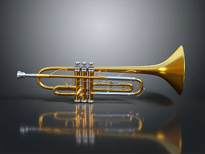 Golden Trumpet Musical Instrument With Shiny Surface Reflection On Dark Background 3d model