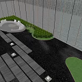 Modern Garden Landscape View Through Glass Walls With Tree Lawn And Stone Pavement