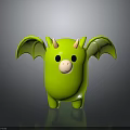 Cute Green Cartoon Creature With Horns And Bat Like Wings On Dark Reflective Surface