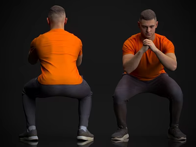 Man in Orange T-shirt and Gray Pants Performing Squatting with Back and Front View 3d model