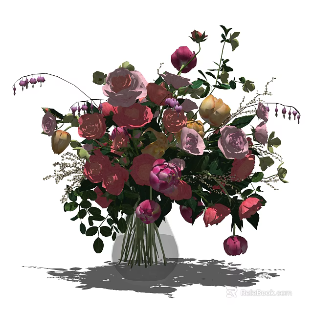 Vibrant Mixed Flower Arrangement in Glass Vase with Pink Yellow Purple Roses and Green Leaves 3d model 