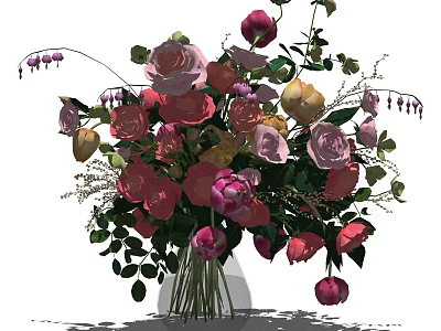 Vibrant Mixed Flower Arrangement in Glass Vase with Pink Yellow Purple Roses and Green Leaves 3d model