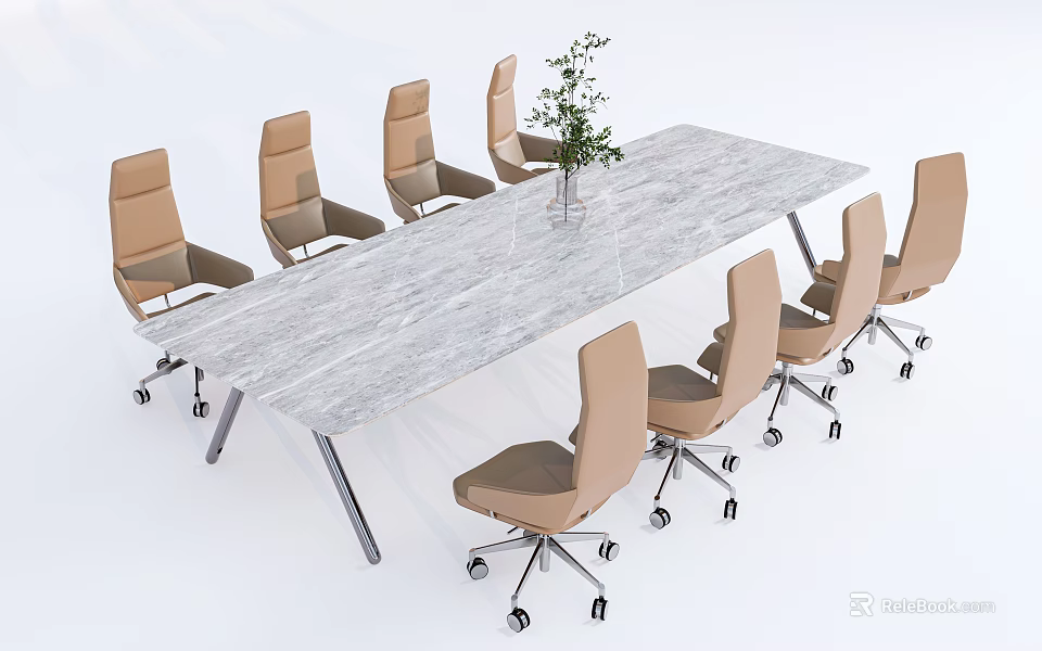 Modern Marble Conference Table With Beige Rolling Chairs And Potted Plant Centerpiece 3d model 