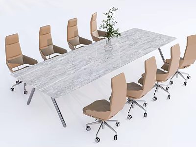 Modern Marble Conference Table With Beige Rolling Chairs And Potted Plant Centerpiece 3d model