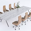 Modern Marble Conference Table With Beige Rolling Chairs And Potted Plant Centerpiece