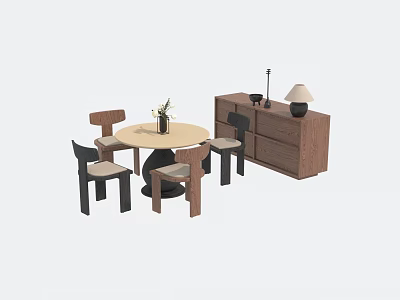Modern Wooden Dining Table Set With Chairs And Sideboard Table Lamp Decorations 3d model